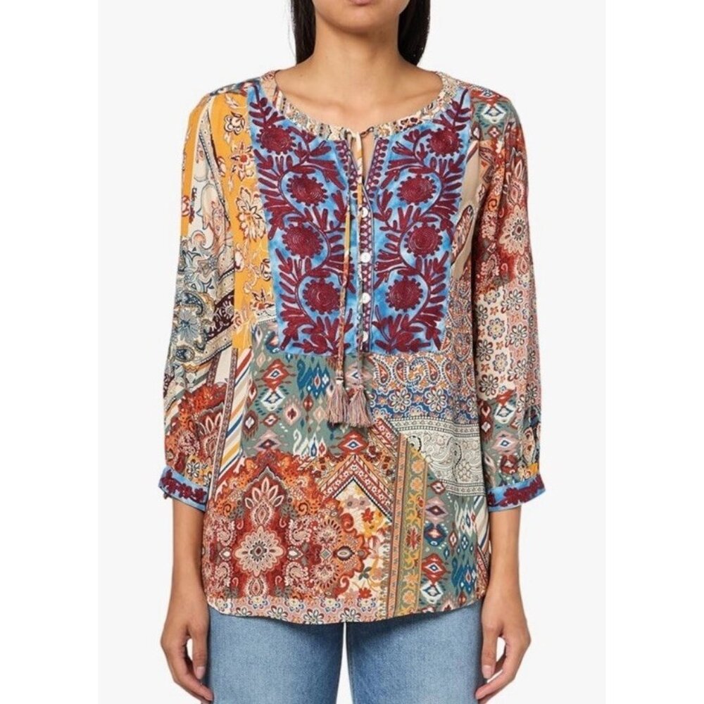 John Mark 1X Colorful Embroidered Tasseled 3/4 Sleeve Tunic Top NWOT - Picture 2 of 15